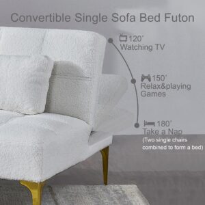 Convertible Single Sofa Bed Futon with Adjustable Backrest. Modern Teddy Fabric Leisure Multi-Functional Lounge Chair with Pillow and Gold Metal Legs for Small Living Room. Apartment or Studio (White)