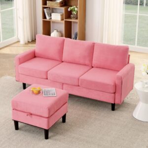 WinJoy Upholstered Sectional Sofa Couch, L-Shape Sofa Set with Removable Ottoman & Storage Seat,3 Seat Convertible Modular Sofa Bed with Reversible Chaise for Living Room, Apartment, Small Space Pink