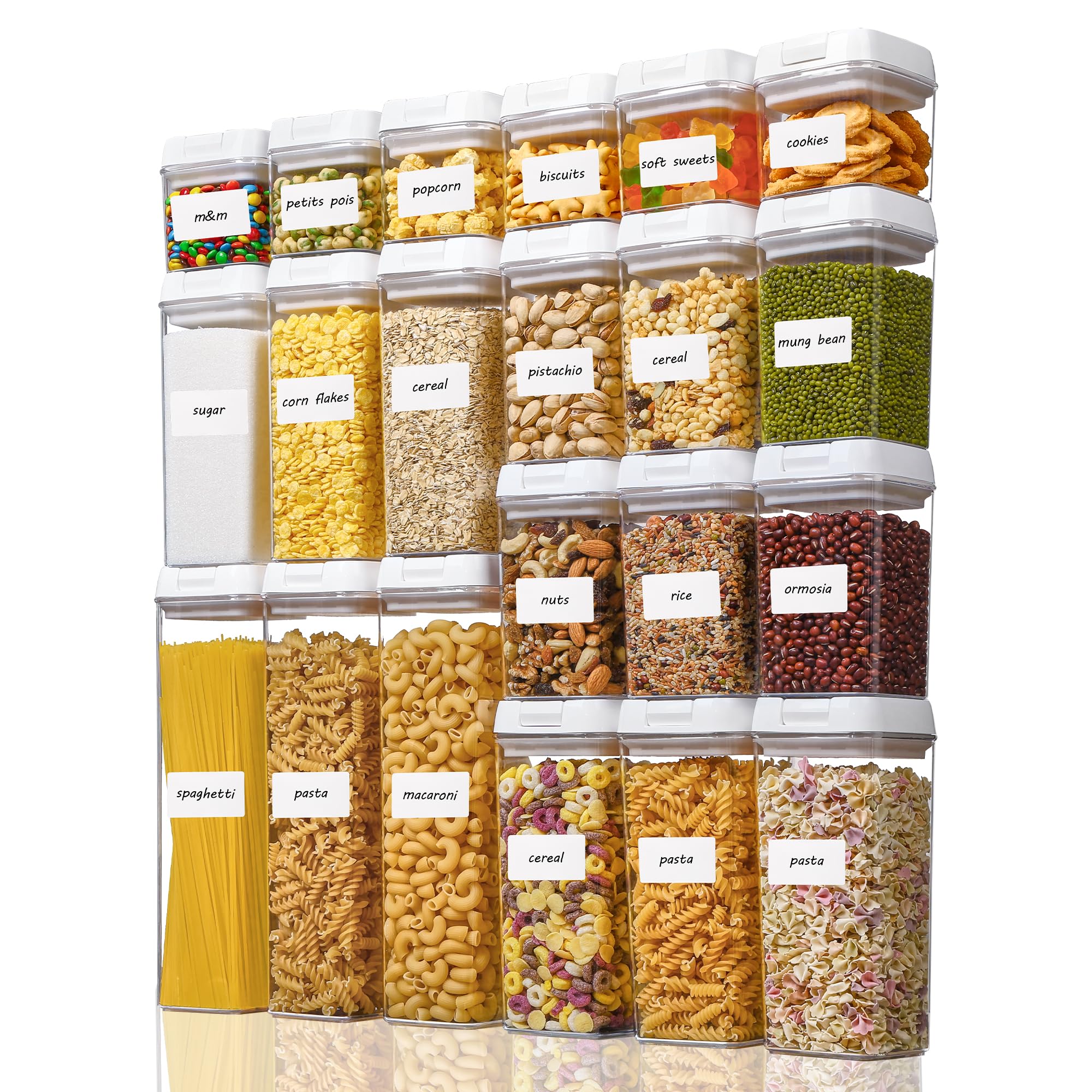 Vtopmart 21 PCS Airtight Food Storage Containers Set, BPA Free Plastic Kitchen Pantry Organizer, with Easy Lock Lids for Pasta Spaghetti Cereal Snack Flour Sugar Rice Organization, Include 24 Labels