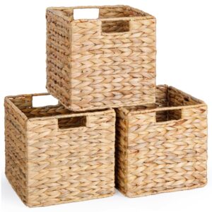 10.5x10.5 water hyacinth storage baskets, wicker baskets for cube storage, collapsible cube storage bins wicker, square baskets for cube storage for ikea kallax, basket set of 3 (water hyacinth)