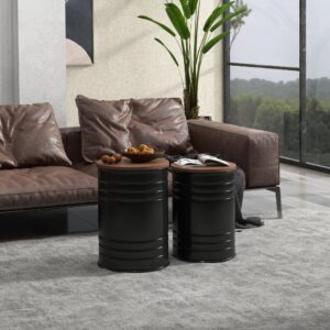 HOMCOM Nesting End Table Set of 2, Round Storage Ottoman Stool with Removable Wood Lid, Metal Frame & Hidden Space, Farmhouse Side Table for Living Room, Black