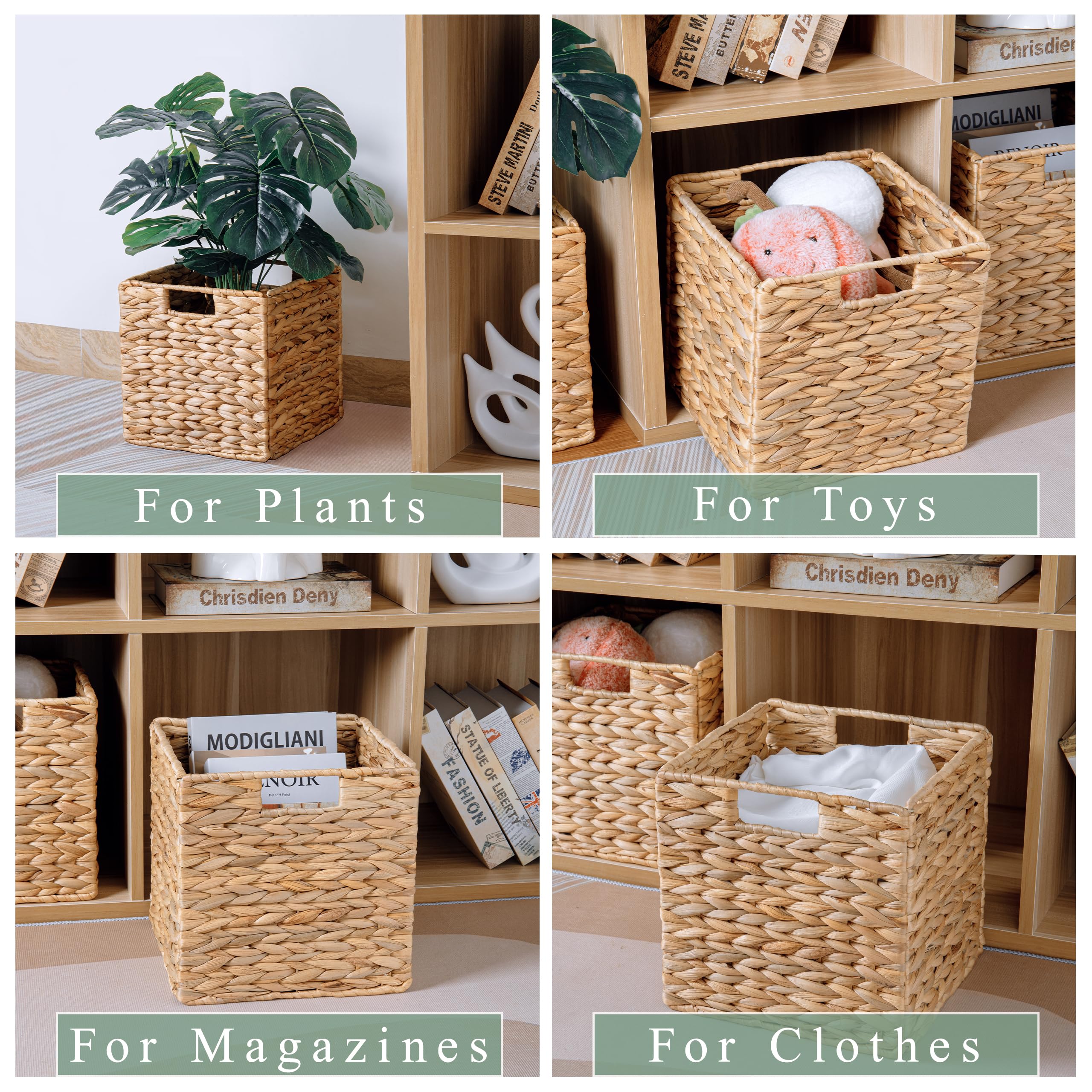 10.5x10.5 Water Hyacinth Storage Baskets, Wicker Baskets for Cube Storage, Collapsible Cube Storage Bins Wicker, Square Baskets for Cube Storage for Ikea Kallax, Basket Set of 3 (Water Hyacinth)