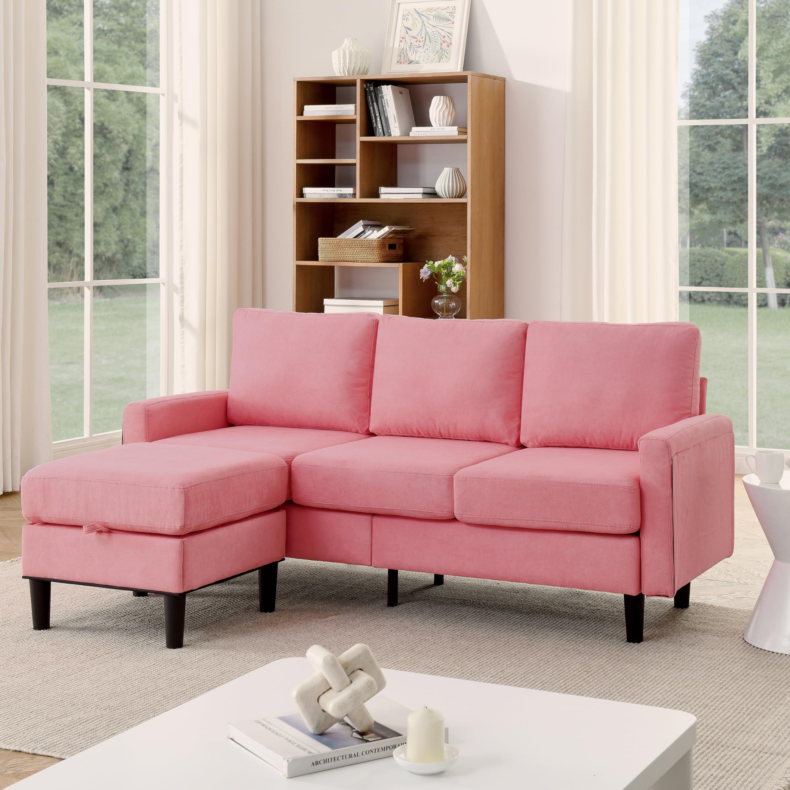 WinJoy Upholstered Sectional Sofa Couch, L-Shape Sofa Set with Removable Ottoman & Storage Seat,3 Seat Convertible Modular Sofa Bed with Reversible Chaise for Living Room, Apartment, Small Space Pink