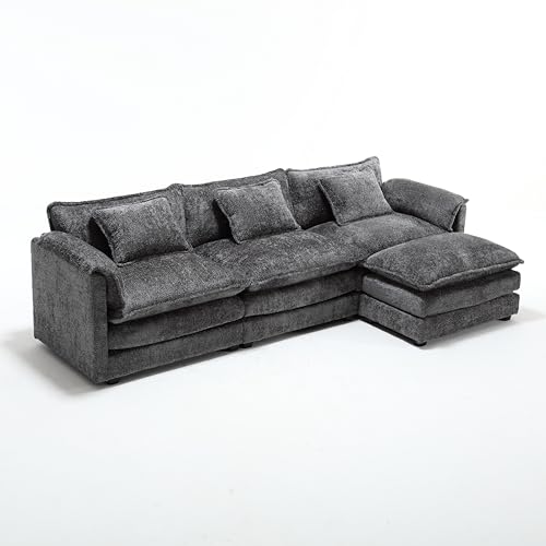 Oversized Modular Sectional Sofa with Movable Ottoman,Modern Comfy Chenille Double-Upholstered Boucle Cloud Couch, L Shaped Convertible Corner Sofa&Couches for Living Room, Bedroom, Apartment