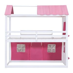 BOVZA Twin Over Twin House Bunk Bed with Tent, Kids Bunk Bed with Roof Elegant Windows and Sills, Wood Playhouse Tent Loft Bed Frame for Teens Boys Girls, Pink+White