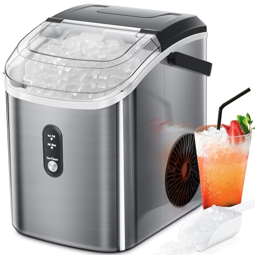 ZAFRO Nugget Ice Maker Countertop with Handle, Stainless Steel, 35Lbs/24Hrs,7 Mins Ice Making, Pellet Ice Maker with Ice Basket/Ice Scoop for Home/Bar/Party/Office