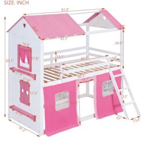 BOVZA Twin Over Twin House Bunk Bed with Tent, Kids Bunk Bed with Roof Elegant Windows and Sills, Wood Playhouse Tent Loft Bed Frame for Teens Boys Girls, Pink+White