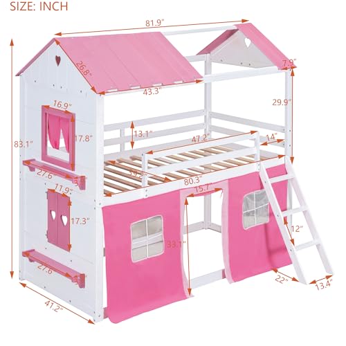 BOVZA Twin Over Twin House Bunk Bed with Tent, Kids Bunk Bed with Roof Elegant Windows and Sills, Wood Playhouse Tent Loft Bed Frame for Teens Boys Girls, Pink+White