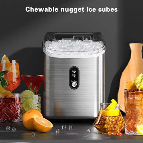 ZAFRO Nugget Ice Maker Countertop with Handle, Stainless Steel, 35Lbs/24Hrs,7 Mins Ice Making, Pellet Ice Maker with Ice Basket/Ice Scoop for Home/Bar/Party/Office