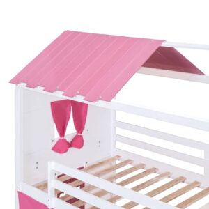 BOVZA Twin Over Twin House Bunk Bed with Tent, Kids Bunk Bed with Roof Elegant Windows and Sills, Wood Playhouse Tent Loft Bed Frame for Teens Boys Girls, Pink+White