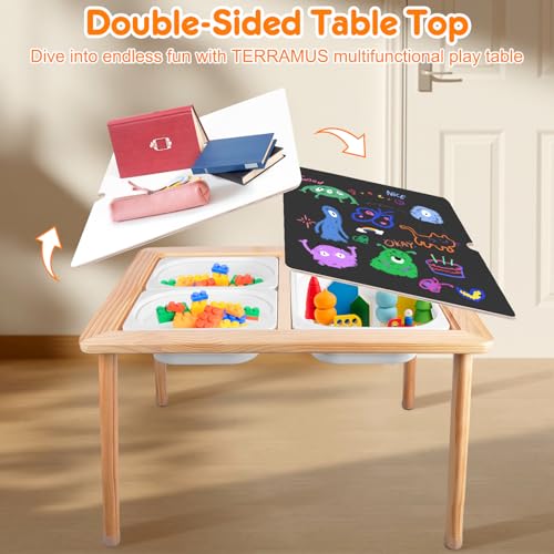 TERRAMUS Kid's Table, Toddler Sensory Table, Play Sand & Water Table with 3 Toy Storage Bins, Wooden Children's Desk for Art, Study, Drawing,Dinning, Activity Table Indoor Outdoor,Gifts for Boys Girls