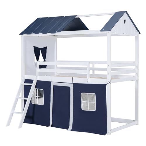 BOVZA Twin Over Twin House Bunk Bed with Tent, Kids Bunk Bed with Roof Elegant Windows and Sills, Wood Playhouse Tent Loft Bed Frame for Teens Boys Girls, Blue+White