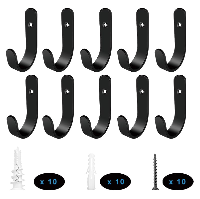 JUGEFORNI Wall Hooks for Hanging, Metal Coat Hooks for Wall, Heavy Duty Wall Hook with Screw, 10pcs Black Hooks for Hanging Coats, Towel, Backpack, Key, Bag, Coffee Cup