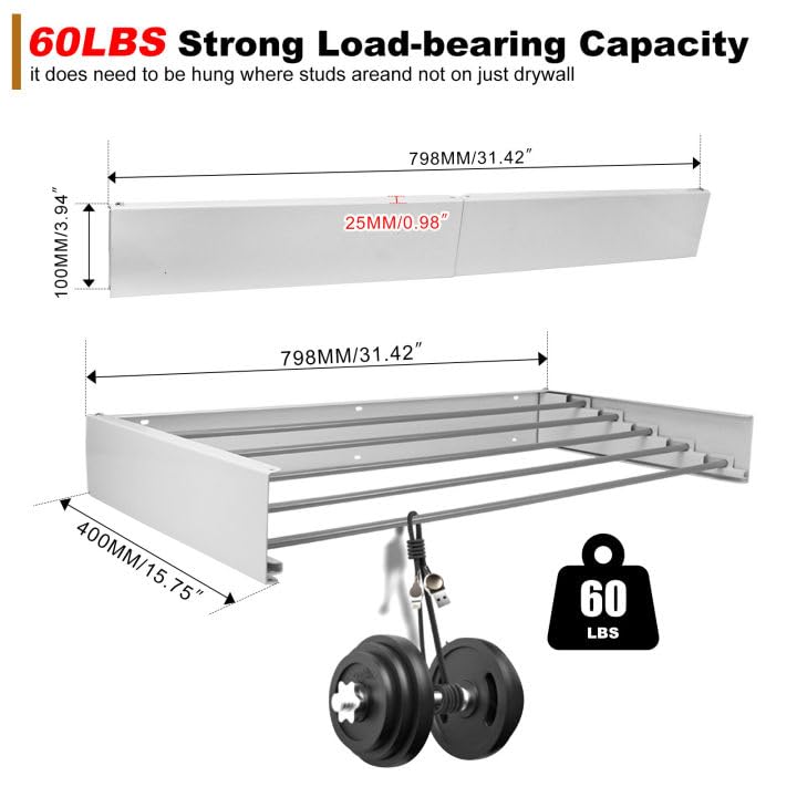 KOBSAINF Drying Rack Collapsible, Wall Mounted Drying Rack, Clothes Drying Rack, Retractable Drying Rack 5 Aluminum Rods 60 lb Capacity White 31.5"