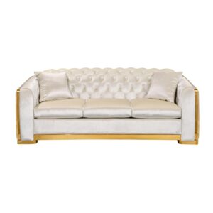 WinJoy 82.3 Inch Velvet Sofa Set for Living Room, 3 Seat Modern & Luxury Chesterfield Couch Sofa with Tufted Back&Gold Stainless Legs for Apartment, Office 2 Pillows Included Beige