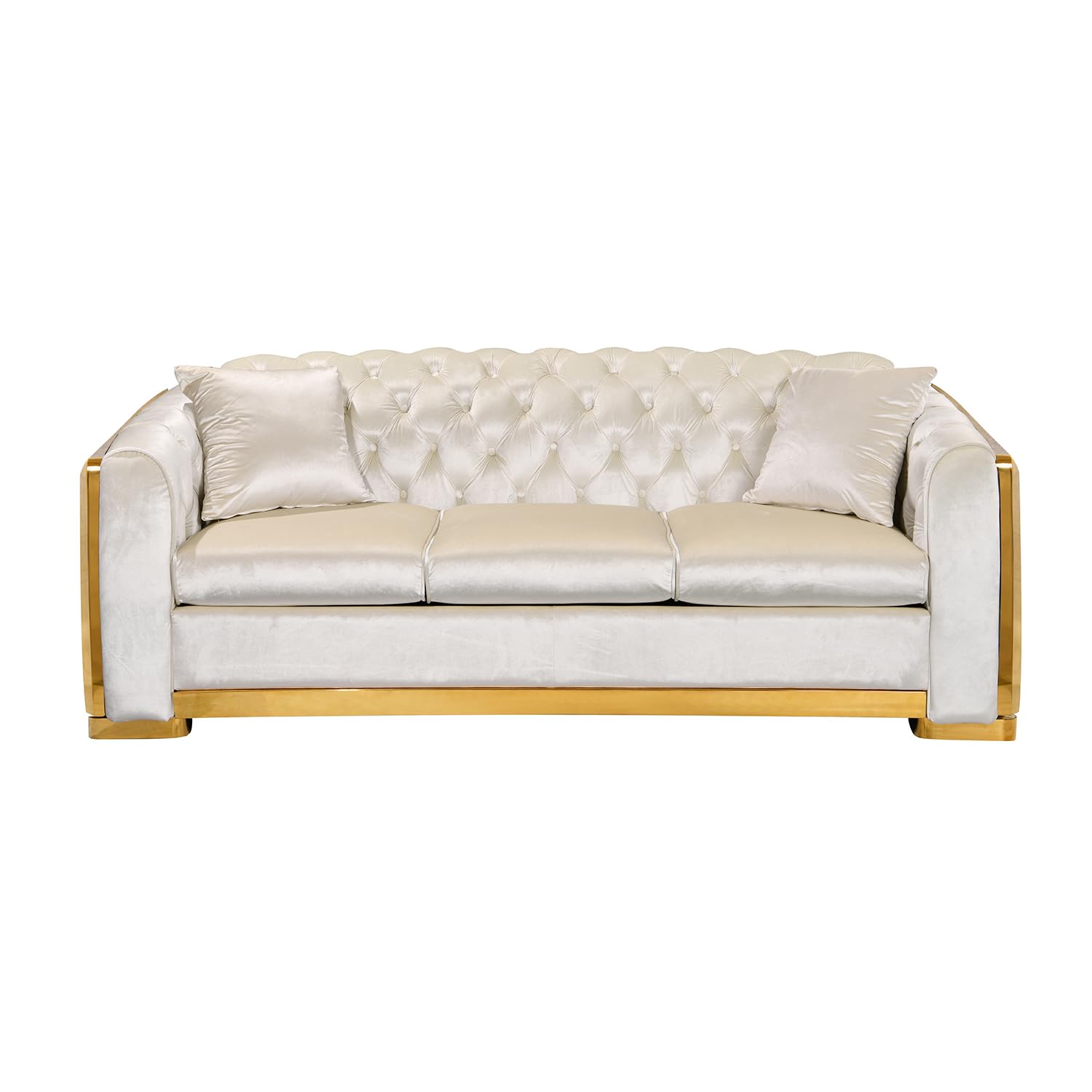 WinJoy 82.3 Inch Velvet Sofa Set for Living Room, 3 Seat Modern & Luxury Chesterfield Couch Sofa with Tufted Back&Gold Stainless Legs for Apartment, Office 2 Pillows Included Beige