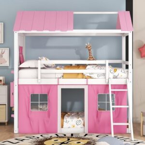 BOVZA Twin Over Twin House Bunk Bed with Tent, Kids Bunk Bed with Roof Elegant Windows and Sills, Wood Playhouse Tent Loft Bed Frame for Teens Boys Girls, Pink+White