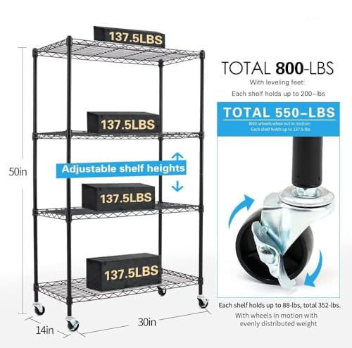 Catalina Creations 4-Shelf Shelving Unit, Adjustable Wire Shelving Rack with with Wheels, Heavy Duty Storage Shelves, Steel Organizer Wire Rack for Kitchen and Garage