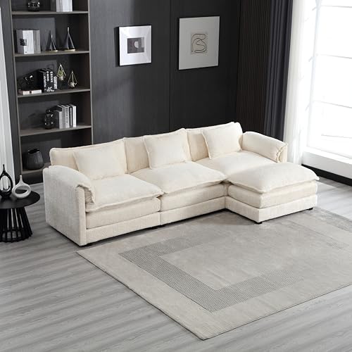 Oversized Modular Sectional Sofa with Movable Ottoman,Modern Comfy Chenille Double-Upholstered Boucle Cloud Couch, L Shaped Convertible Corner Sofa&Couches for Living Room, Bedroom, Apartment