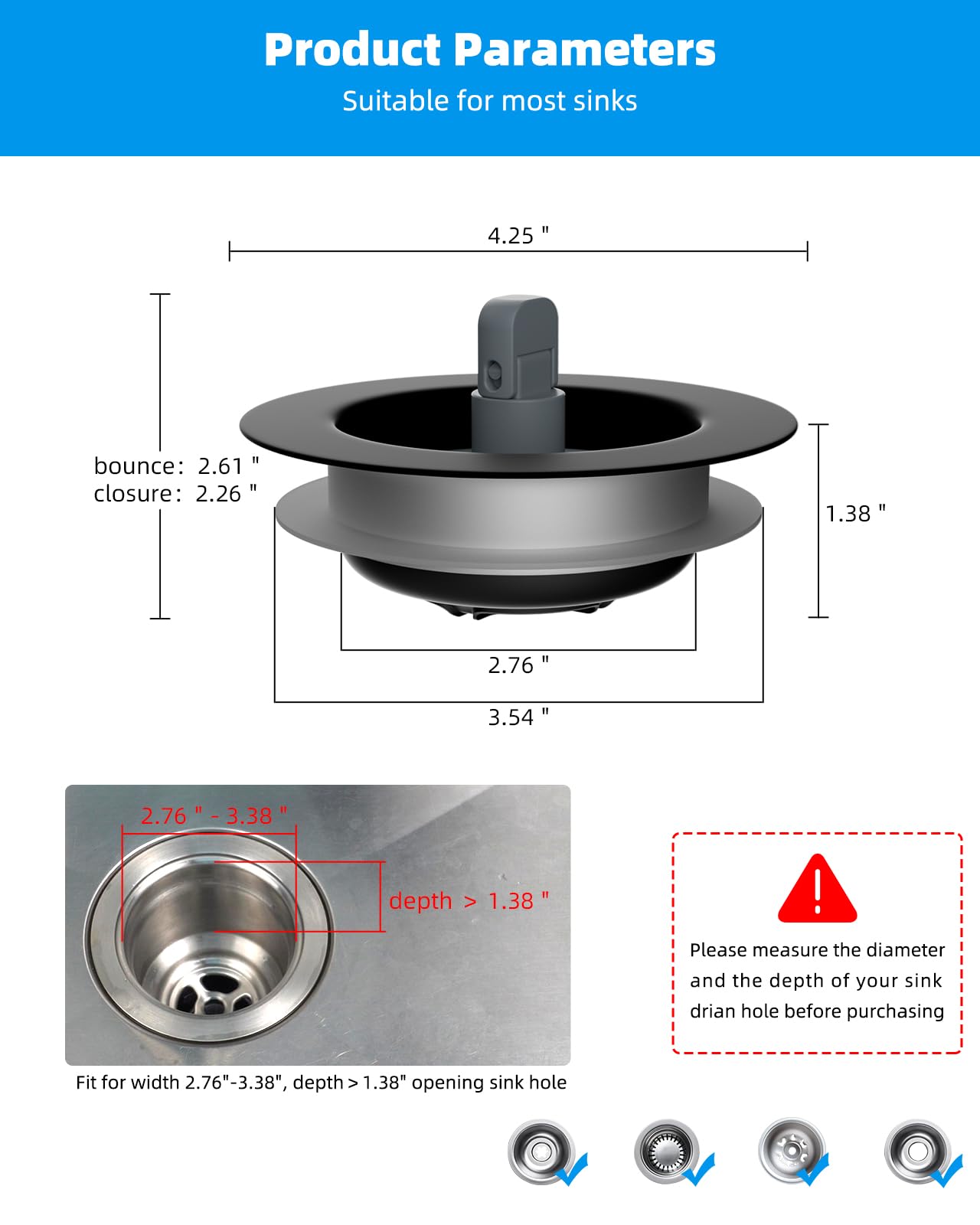 Hibbent 3 in 1 Kitchen Sink Drain Strainer and Stopper Combo, Stainless Steel Metal Pop Up Sink Stopper, Anti-Clogging Basket Strainer with Foldable Handle for US Standard 3-1/2" Drain, Matte Black