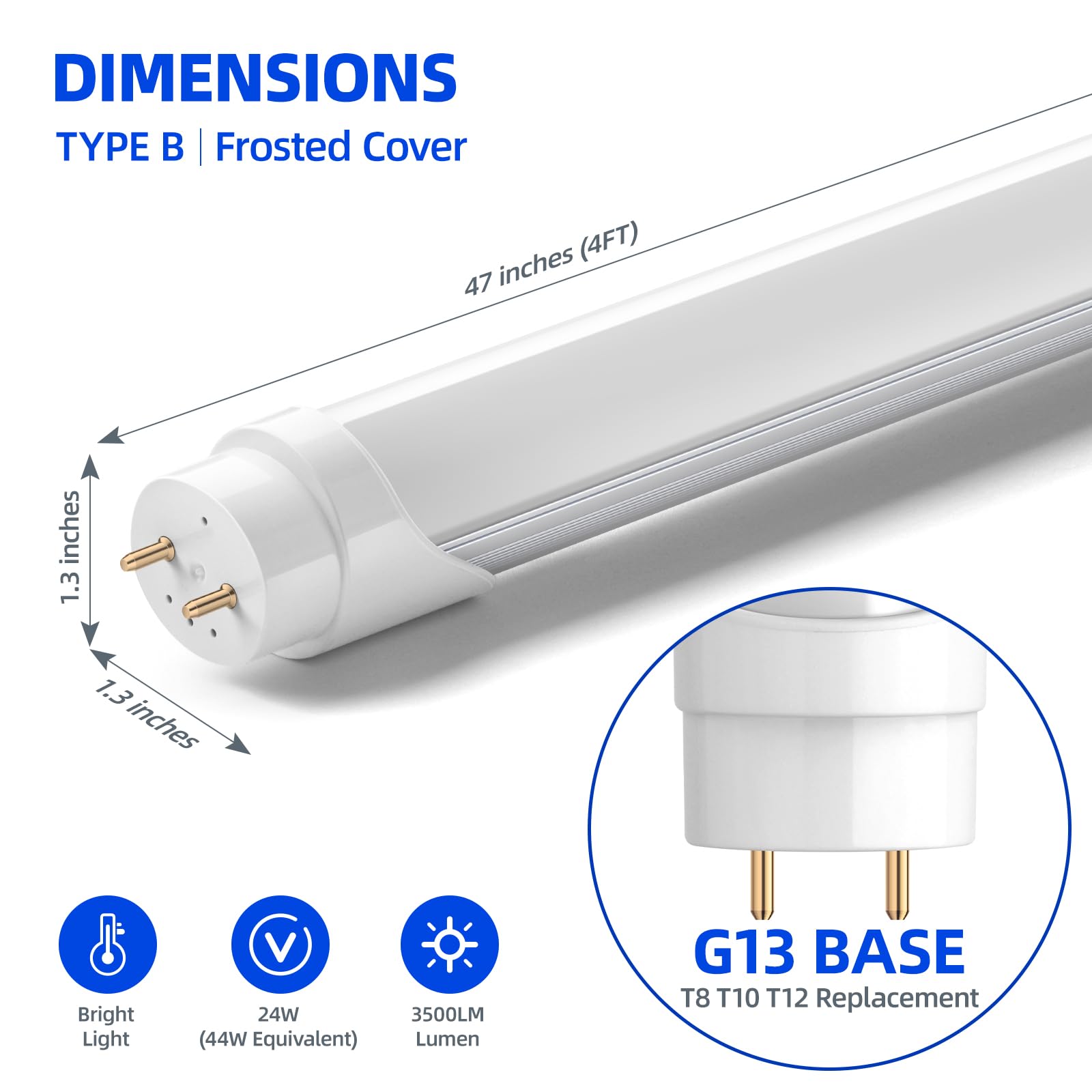 Barrina 4FT LED T8 Type B Light Tube, 24W, 3100LM, 6000K Bright Light, Ballast Bypass, 4 Foot T8 Fluorescent Replacement Tube, Dual-End Powered, T8 T10 T12 LED Replacement, Frosted Cover, 16 Packs