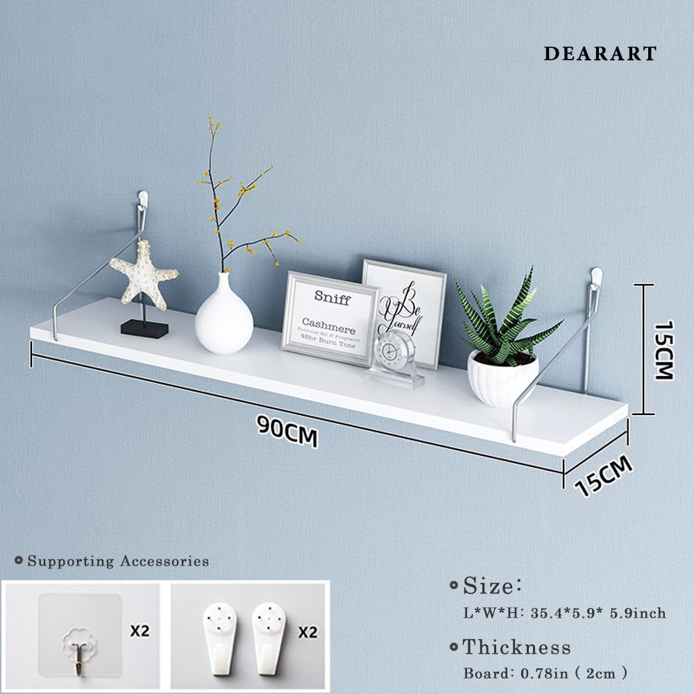 SHELFLOVER Wall Shelves for Living Room, Bedroom, Den, Bathroom, Floating Shelves for Wall Storage, Wood Floating Shelf for Plants, Handicraft, Books, Small Wall Shelf 35.4in (90cm), White