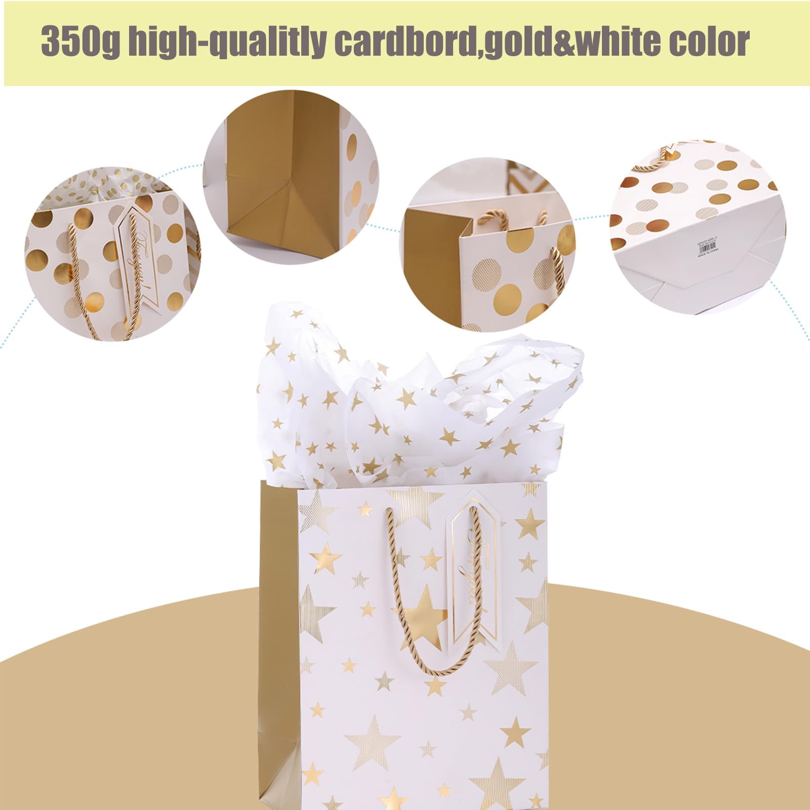 Dimetey 12pcs 9" Gift Bags, Medium Size Paper Bags with Tissue Paper, White Gold Wrap Paper Gift Bags with Handles for Shopping Party Wedding Baby Shower Holiday Presents (Gold)