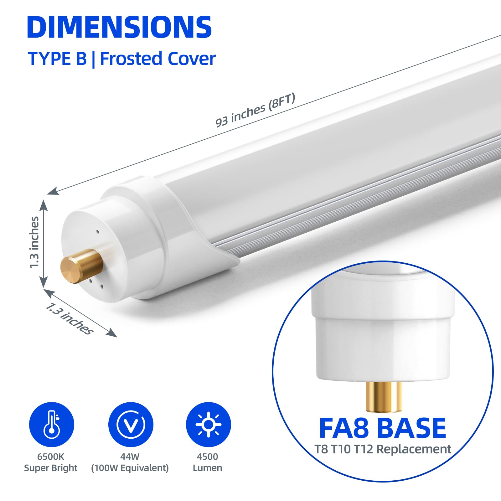 Barrina 8ft LED Bulbs, T8 T10 T12 LED Tube Lights, Single Pin FA8 96" LED Replacement for Fluorescent Fixture, 44W(100W Equivalent) 4500LM 6500K Super Birght, Ballast Bypass, Frosted Cover, 12 Packs