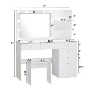 VOWNER Vanity with Lights - 47" Makeup Vanity Desk with Power Outlet, Storage Shelves and 6 Drawers, 3 Color Lighting Modes with Adjustable Brightness, Makeup Desk with Stool for Women Girls, White