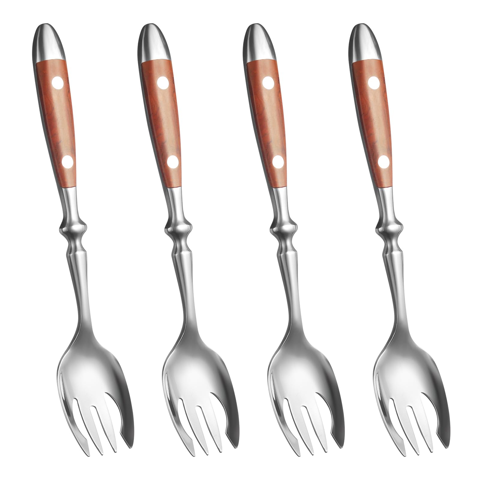 CherHome Metal Sporks Set of 4，Premium Stainless Steel 18/8 Salad Spoons with Comfortable Bakelite Handle，Salad Forks Spork for Salad，Fruit，Dessert，Appetizer，Wood Grain Handle