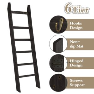 TEAKMAMA 6-Tier Blanket Ladder with Hooks, 5.4 Ft Wall Leaning Blanket Ladders for Living Room, Rustic Decorative Ladder for Blankets, Quilts, Farmhouse Decor Ladder Shelf, Easy to Assemble, Black