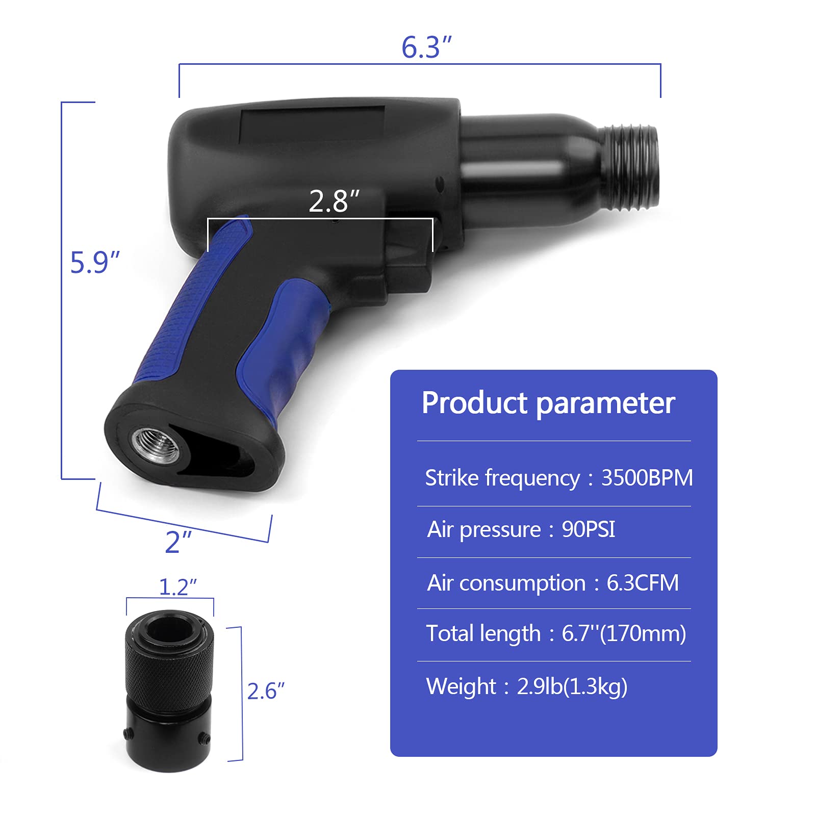 YON.SOU. 13-piece Air Hammer Set with 5pcs Chisels, Quick Change Retainer and Spring Retainer, 3500BPM Air Chisel Hammer with Rubber Sleeve Handle, Heavy Duty Air Hammer Kit