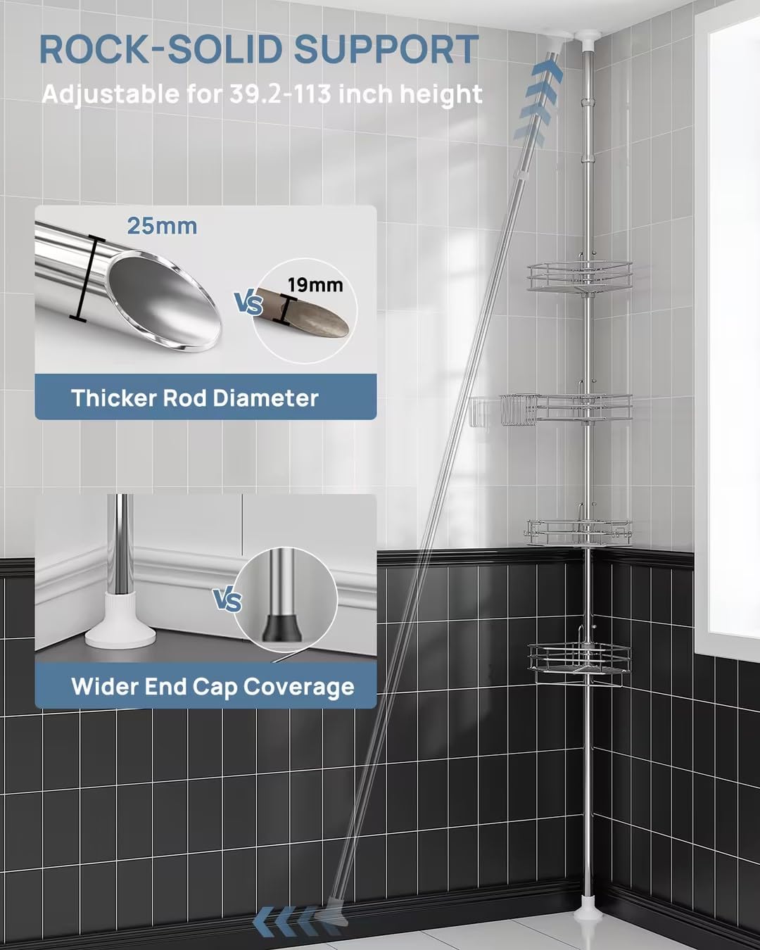 SEIRIONE Corner Shower Caddy Tension Pole, Adjustable Shower Organizer Corner with 4 Shelves, No Drilling Shower Shelf for Inside Shower, Shower Rack for Shower Storage,39.2 to 113 Inch Height, Silver