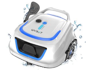 wybot a1 cordless robotic pool cleaner, automatic pool vacuum with 120 mins, double filters, led indicator, fast charging, ideal for above ground flat pools - white blue