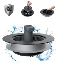 hibbent 3 in 1 kitchen sink drain strainer and stopper combo, stainless steel metal pop up sink stopper, anti-clogging basket strainer with foldable handle for us standard 3-1/2" drain, matte black