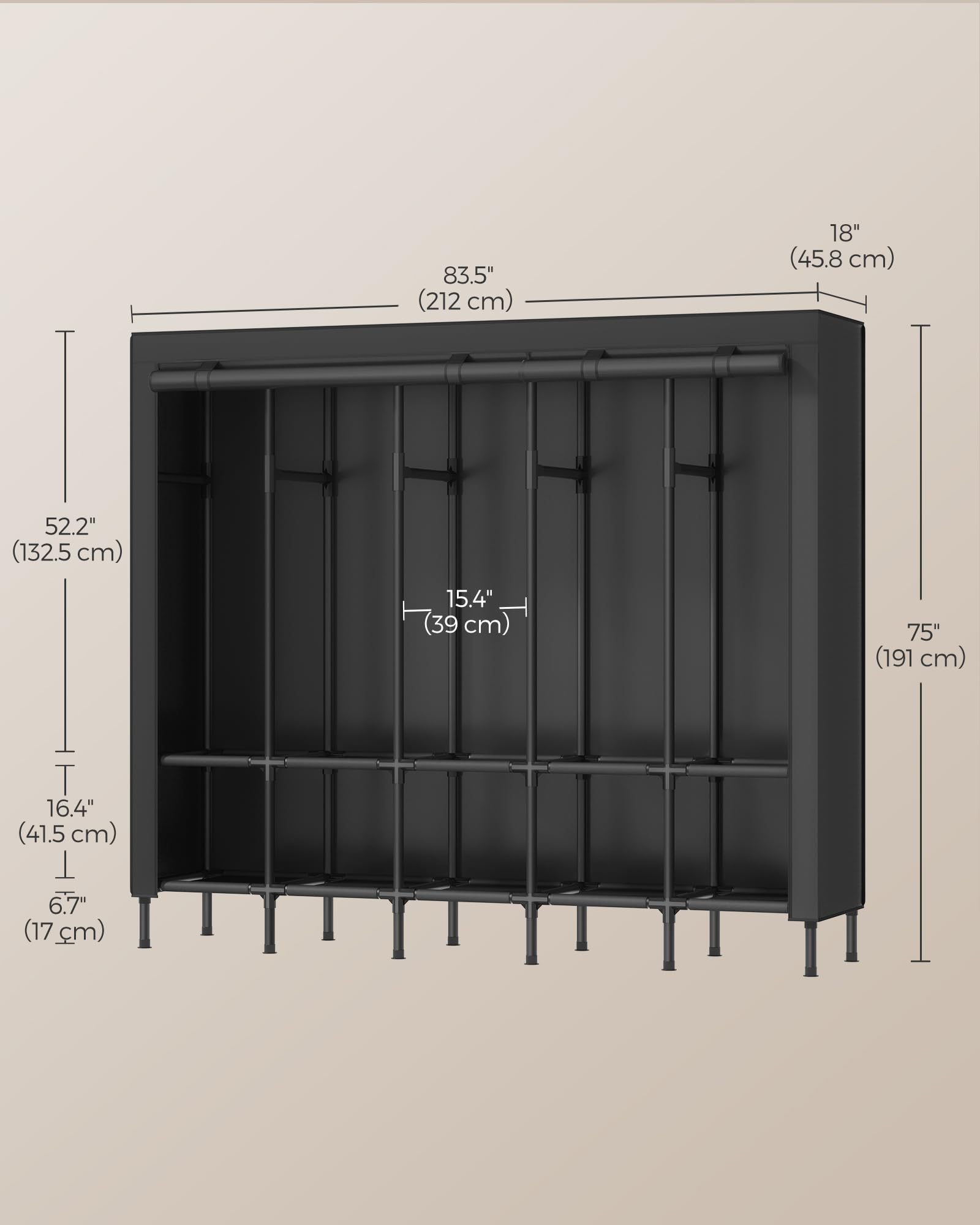 SONGMICS Wardrobe Closet, 83.5 Inch Large Capacity Portable Closet, Clothing Rack, 25 mm Dia,Thick Steel Tubes, Clothes Organizer with Fabric Cover, 5 Hanging Rails, 10 Shelves, Ink Black URDR095B01