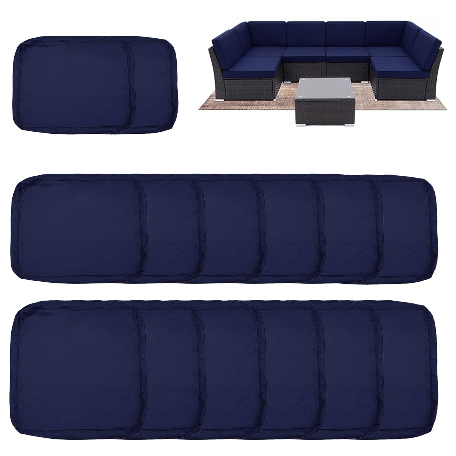 Sqodok Outdoor Cushion Covers 14Pcs Patio Cushion Slipcovers, Replacement Waterproof with Zipper for 6-Seaters Sofa, Outdoor Furniture Cushion Slipcovers Set Seat and Back, Covers Only, Dark Blue