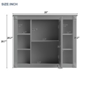 Linique 35" x 28" Wall Mounted Bathroom Storage Cabinet with Mirror,Modern Bathroom Wall Mirror Cabinet with 6 Open Shelves,Not Include Bathroom Vanity,Grey