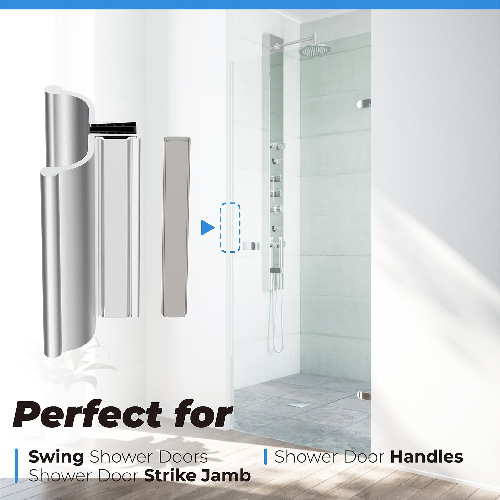 Shower Door Magnet 3" Chrome Frameless Shower Door Handle with Metal Strike and Magnet for 1/8" 5/32" 3/16" and 1/4" Thick Swing Glass Shower Doors, Shower Door Handle, Shower Door Strike Jamb