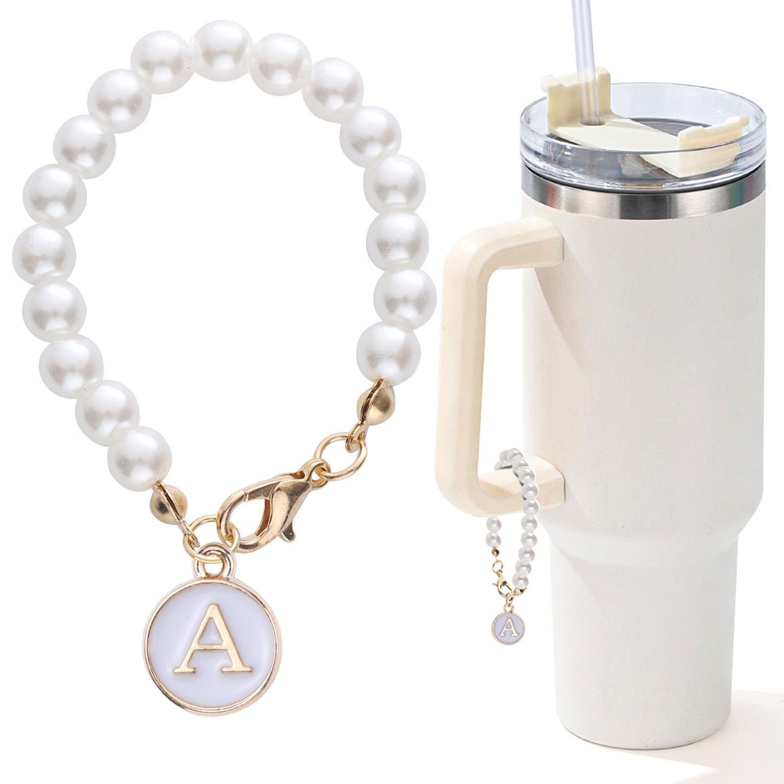 LUHOHI Letter Charm for Stanley Cup，Pearl Chain Accessories Stanley Cup Initial Charms for Handle Stuff Decor Water Bottle Jewelry Tumbler Cute Simple Modern Personalized Name ID Decorations (A)