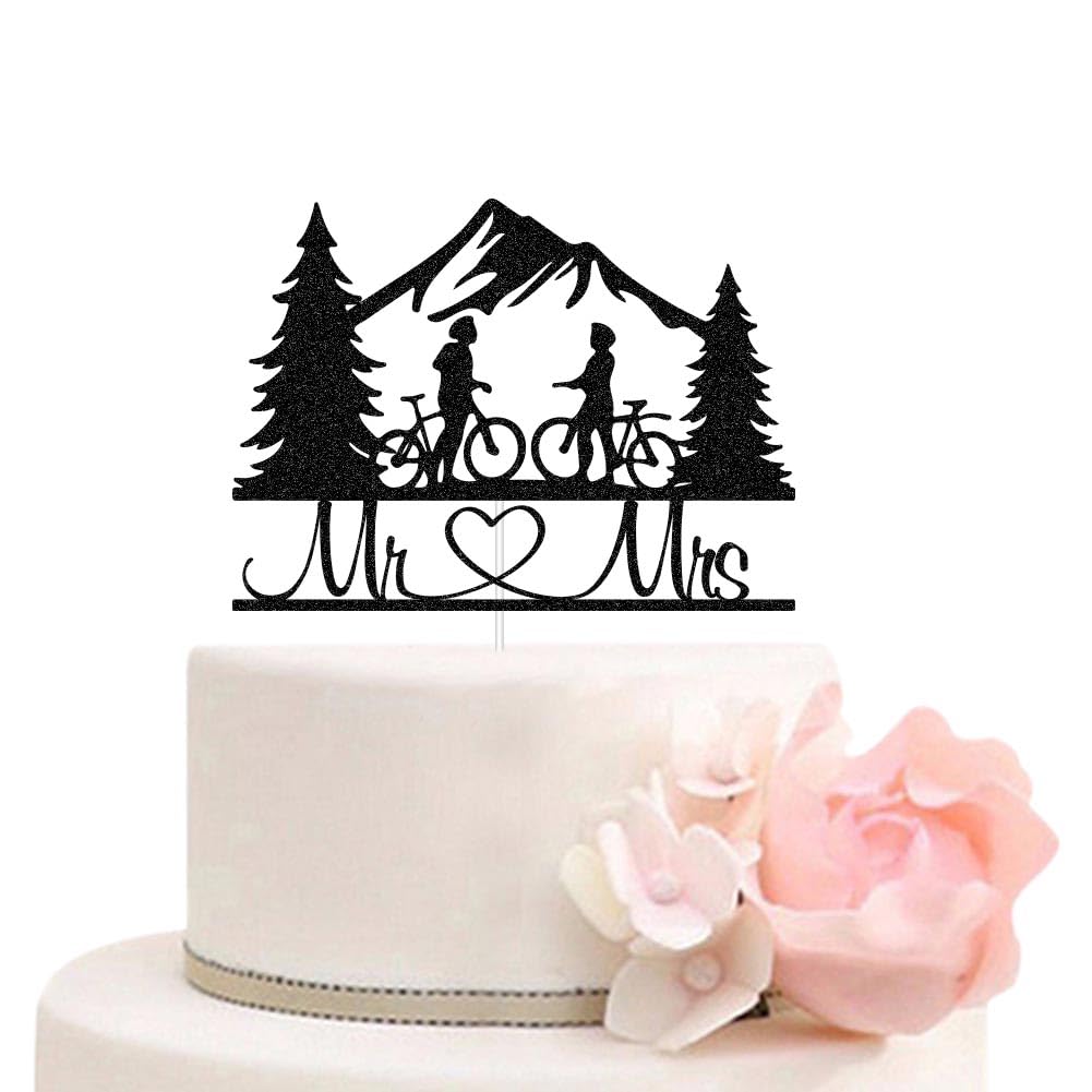 Funny Wedding Cake Topper - Groom and Bride on Mountain Bikes - Mountain Biker Couple Cake Topper - Mr & Mrs Wedding Party Decorations Black Glitter