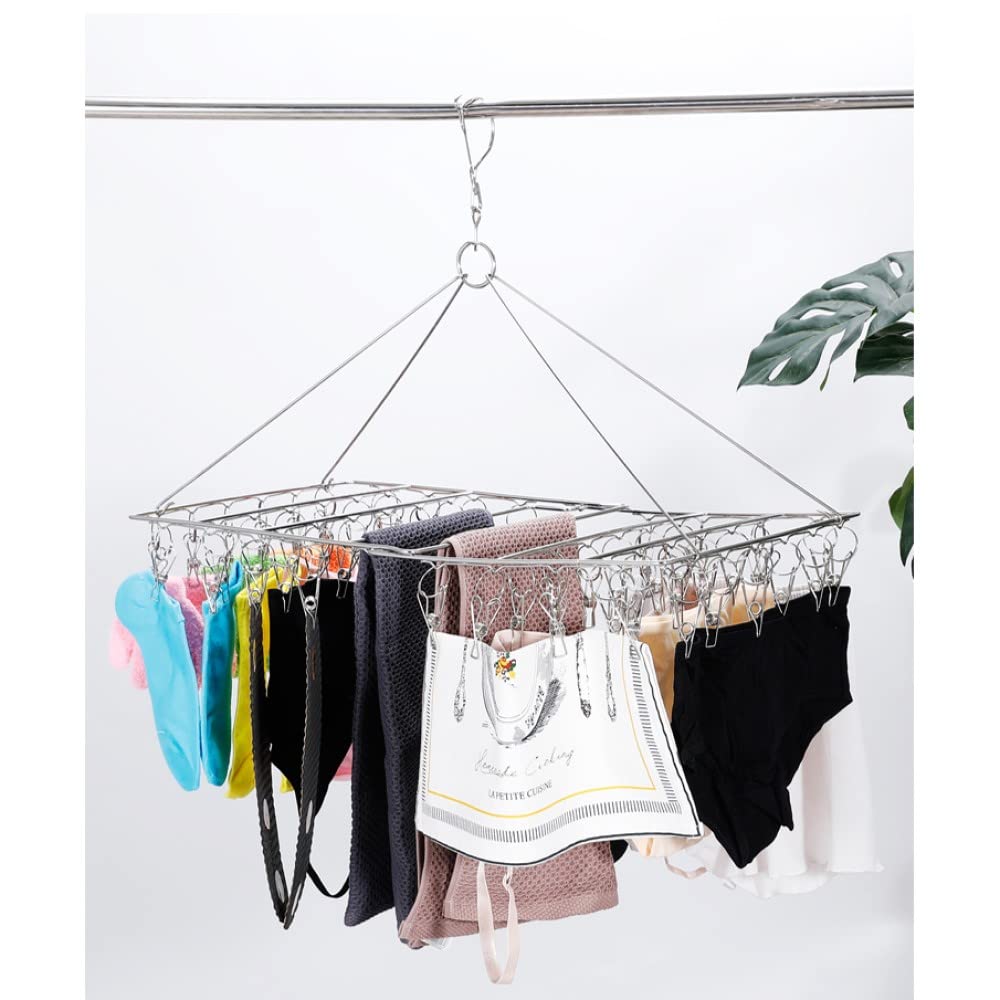 [2 Pack] Folding Clothes Drying Hanger with 72 Clips Totally, Stainless Steel Space Saver Washline Dryer Rack with Peg for Sock, Underwear, Baby Clothes and Delicate Washes