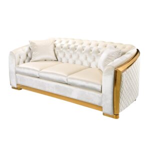 WinJoy 82.3 Inch Velvet Sofa Set for Living Room, 3 Seat Modern & Luxury Chesterfield Couch Sofa with Tufted Back&Gold Stainless Legs for Apartment, Office 2 Pillows Included Beige