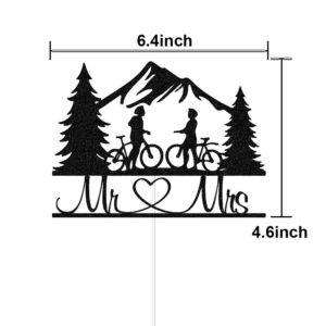 Funny Wedding Cake Topper - Groom and Bride on Mountain Bikes - Mountain Biker Couple Cake Topper - Mr & Mrs Wedding Party Decorations Black Glitter