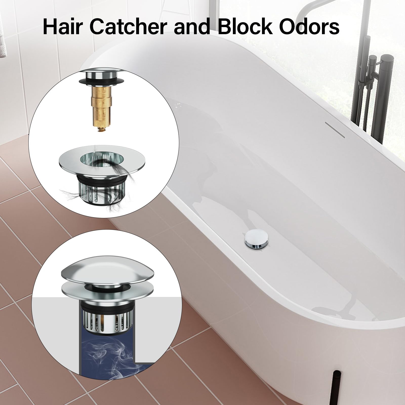 Bathtub Drain Stopper - Bath Tub Drain Plug with Hair Catcher Basket, Chrome