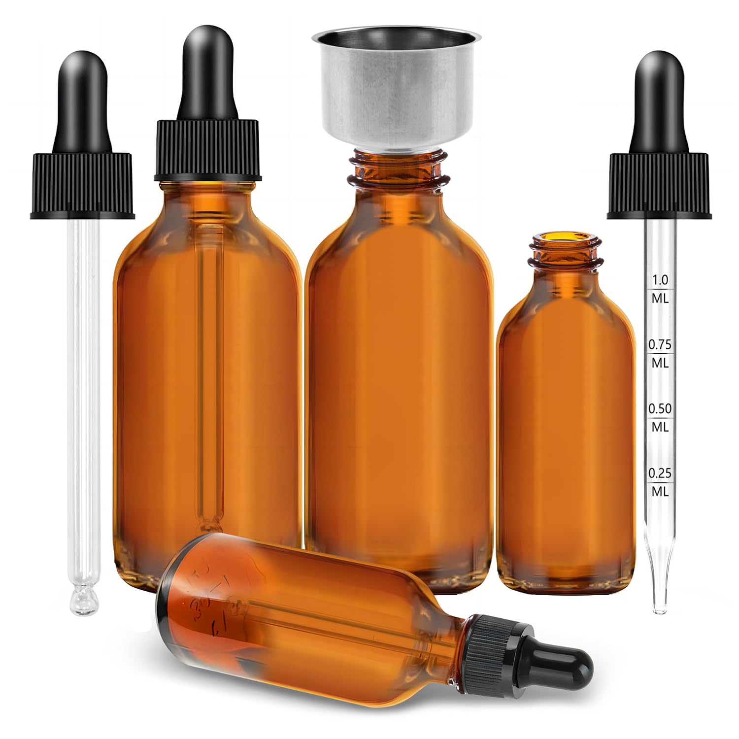 Othmro 2oz+3.4oz Glass Dropper Bottle, 60ml, 100ml Amber Glass Tincture Bottles with 1 Stainless Steel Funnels, Leakproof Essential Oils Bottle for Storage and Travel, Set of 4