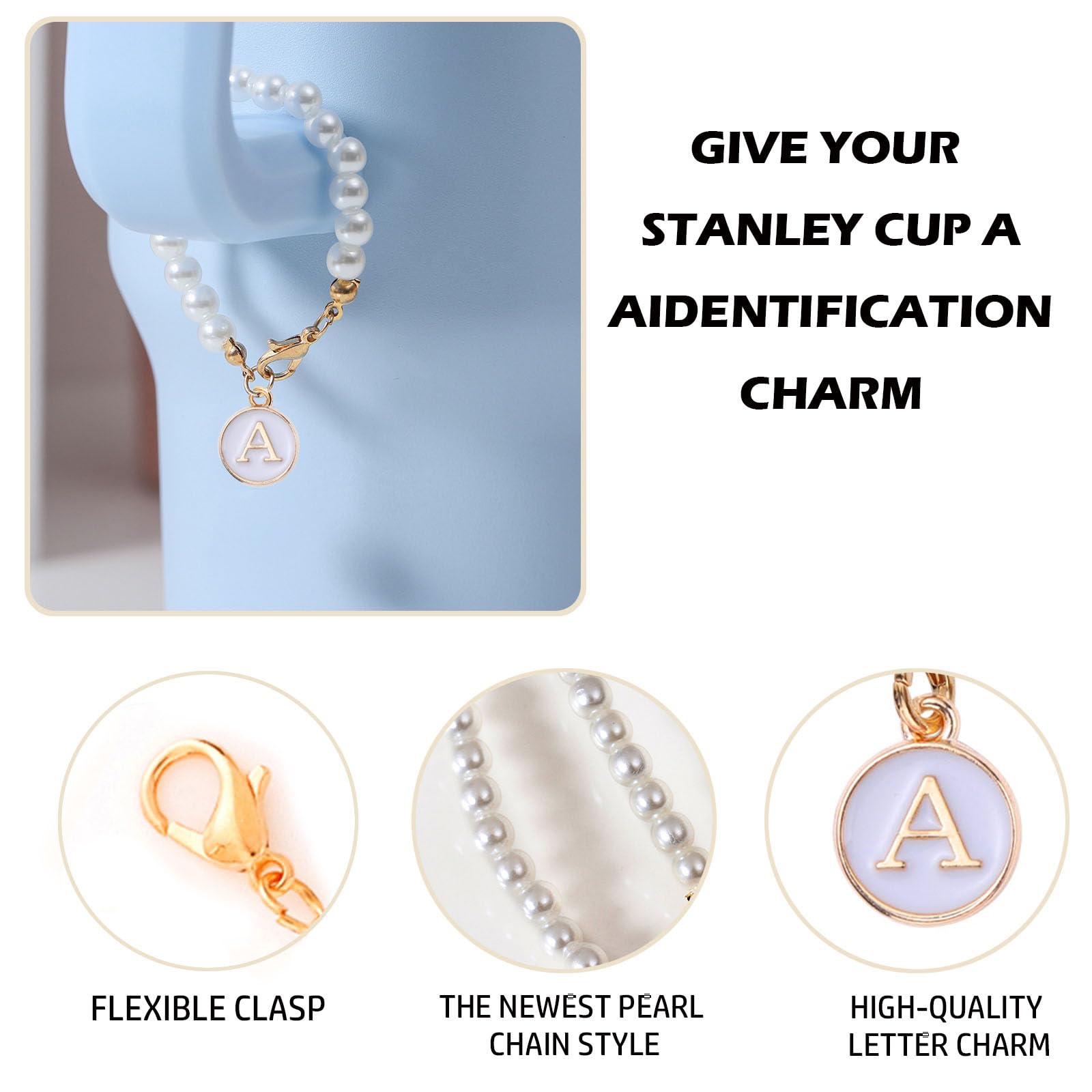 LUHOHI Letter Charm for Stanley Cup，Pearl Chain Accessories Stanley Cup Initial Charms for Handle Stuff Decor Water Bottle Jewelry Tumbler Cute Simple Modern Personalized Name ID Decorations (A)