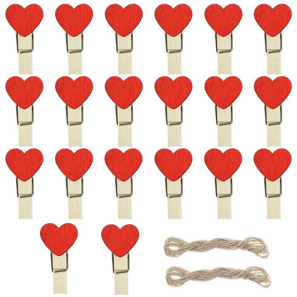 FAZHBARY Red Heart Clothespins Mini Wooden Clothespins with Jute Twine Small Valentine's Day Decorative Wood Peg Pin Craft Clips for Pictures Photo Memo Card