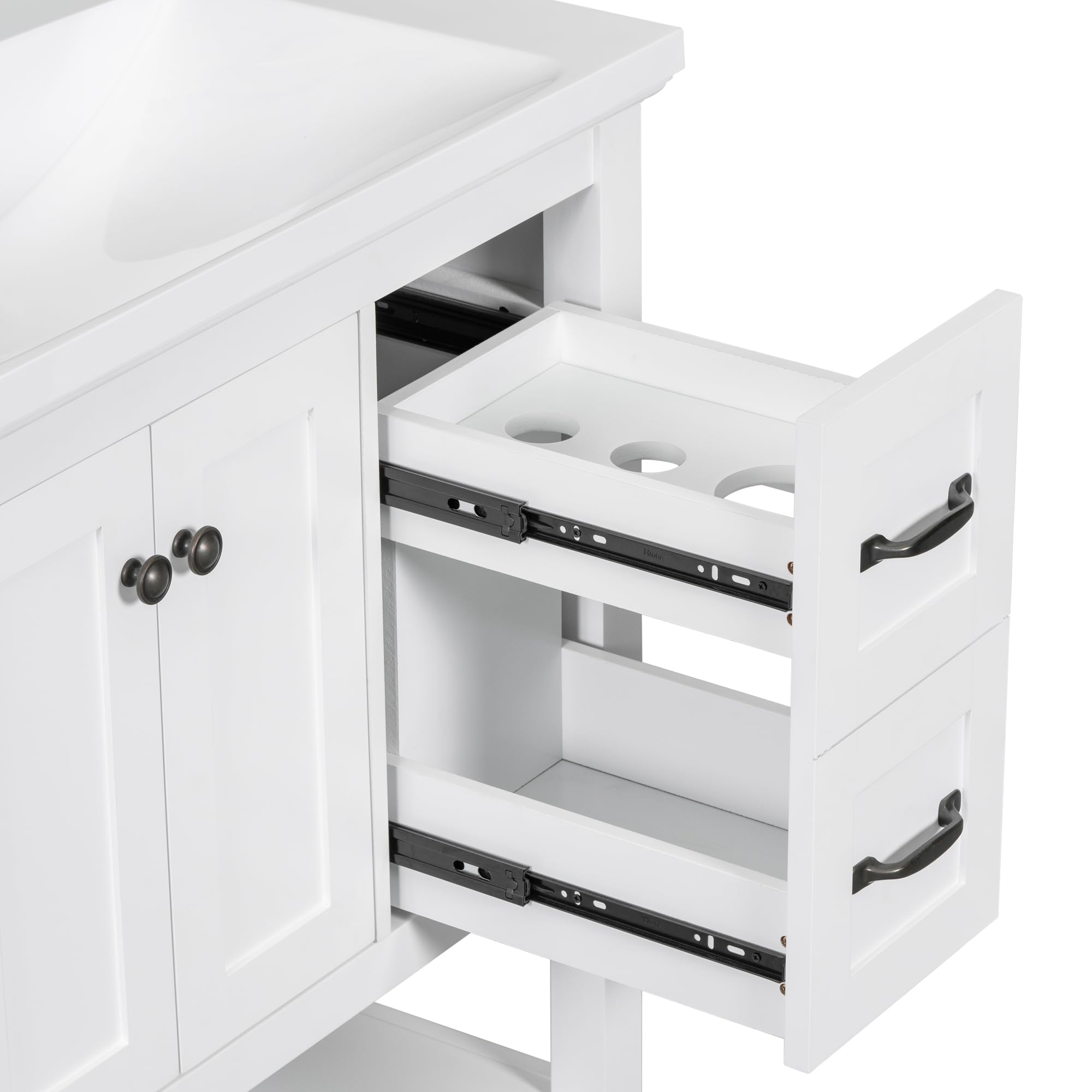 Ataucjin 30" Bathroom Vanity with Ceramic Sink Top, Solid Wood Bathroom Storage Cabinet Bath Vanity with Two Tiers Drawer and Soft Closing Doors（Delivery in Two Boxes）