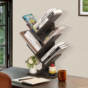 HXXUYY Tree Bookshelf, 4 Shelf Grey Floor Standing Bookcase,Wooden Bookshelves Storage Rack for CDs Movies Books,Display Book Organizer Shelves for Living Room Bedroom Home Office